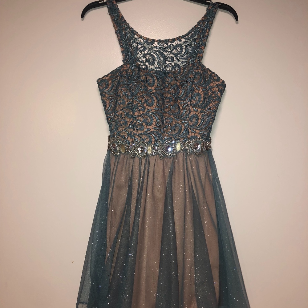 Teal and Tan Halter Top Homecoming dress